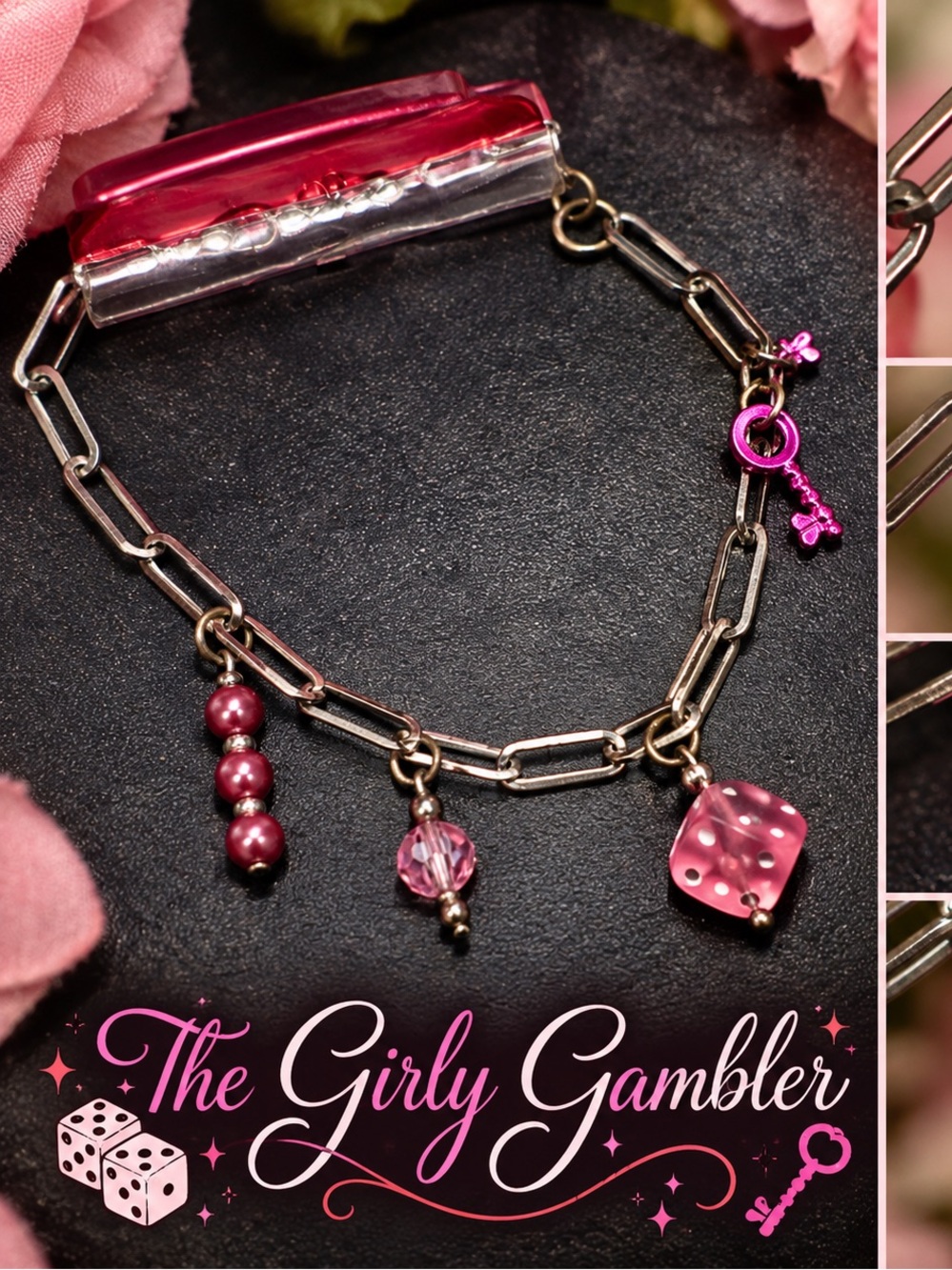 Pink Charm Bracelet with Dice 925 silver charm and Bead Accents